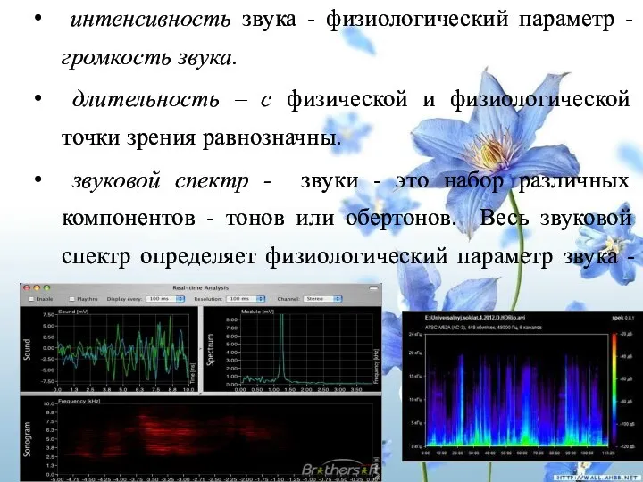 интенсивность звука - физиологический параметр - громкость звука. длительность – с