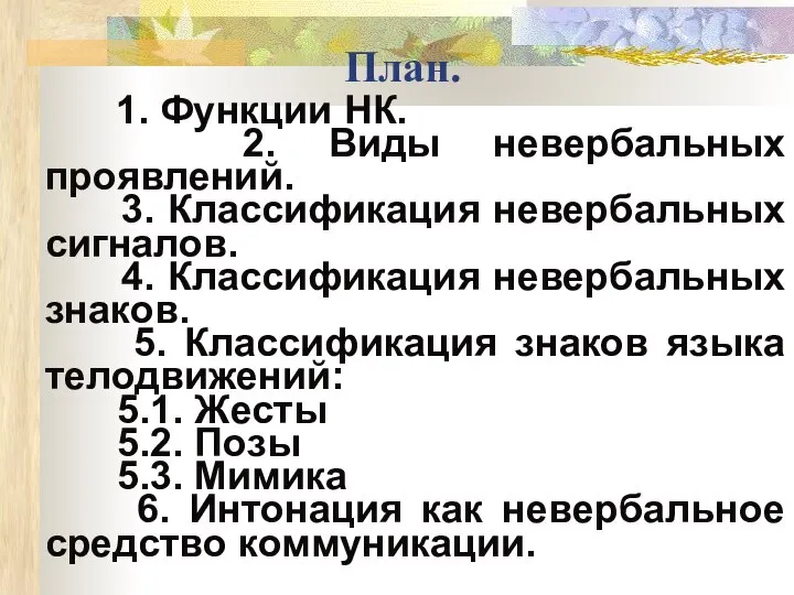 План. 1. Функции НК. 2. Виды невербальных проявлений. 3. Классификация невербальных