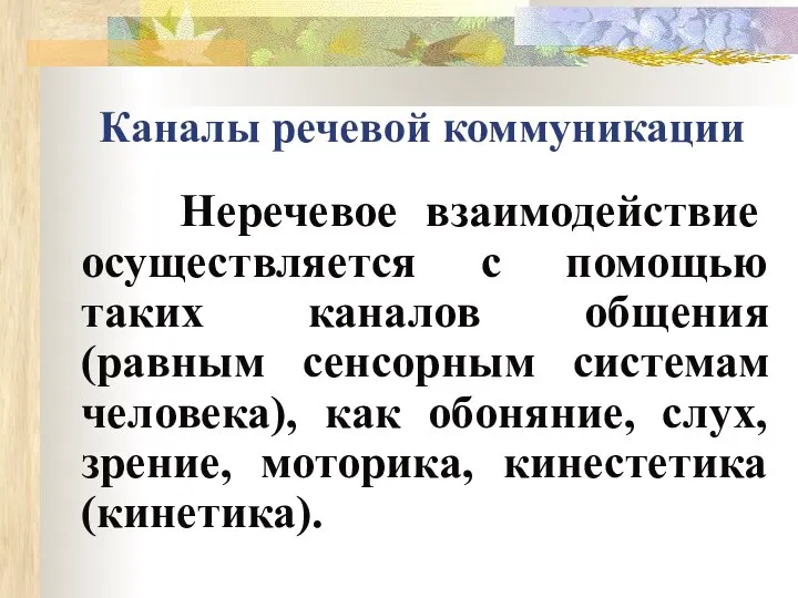 Каналы речевой коммуникации Неречевое взаимодействие осуществляется с помощью таких каналов общения