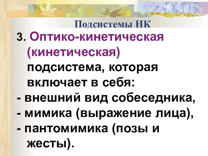 Подсистемы НК 3. Оптико-кинетическая (кинетическая) подсистема, которая включает в себя: -