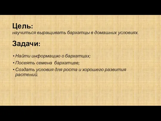 Цель: научиться выращивать бархатцы в домашних условиях. Задачи: Найти информацию о