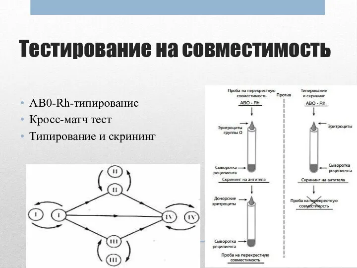 Тестирование на совместимость АВ0-Rh-типирование Кросс-матч тест Типирование и скрининг