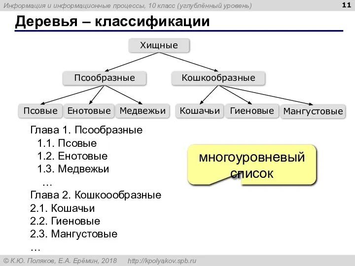 Деревья – классификации Глава 1. Псообразные 1.1. Псовые 1.2. Енотовые 1.3.