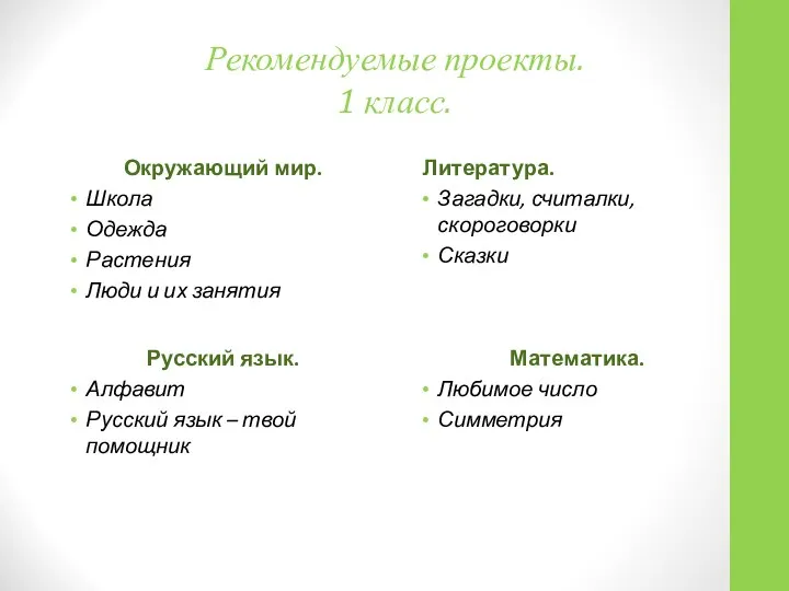 Рекомендуемые проекты. 1 класс. Окружающий мир. Школа Одежда Растения Люди и