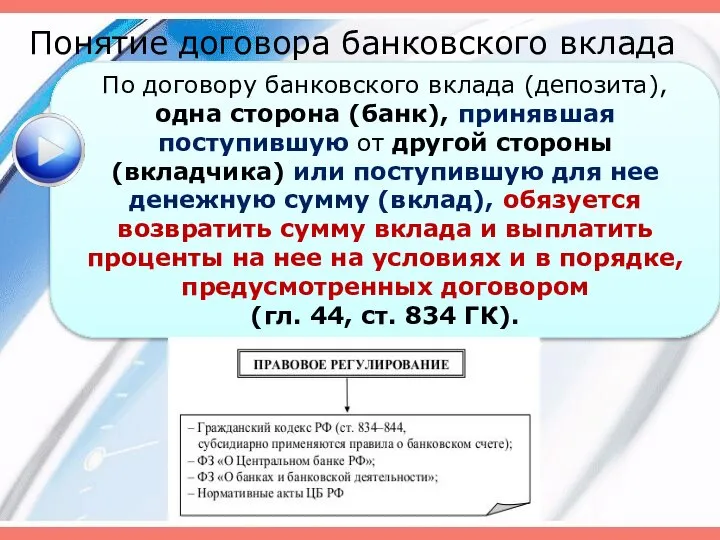 Понятие договора банковского вклада По договору банковского вклада (депозита), одна сторона