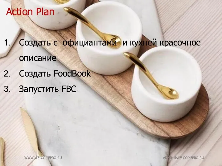 Создать с официантами и кухней красочное описание Создать FoodBook Запустить FBC Action Plan WWW.WELCOMEPRO.RU ADMIN@WELCOMEPRO.RU