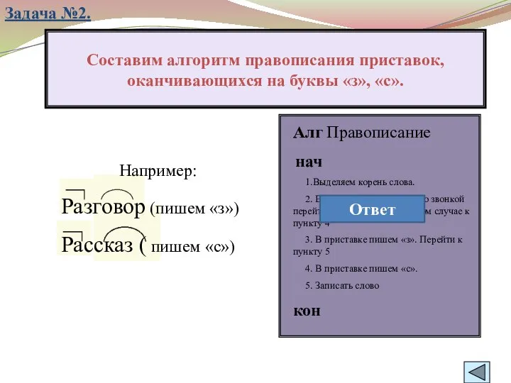 Составим алгоритм правописания приставок, оканчивающихся на буквы «з», «с». Например: Разговор