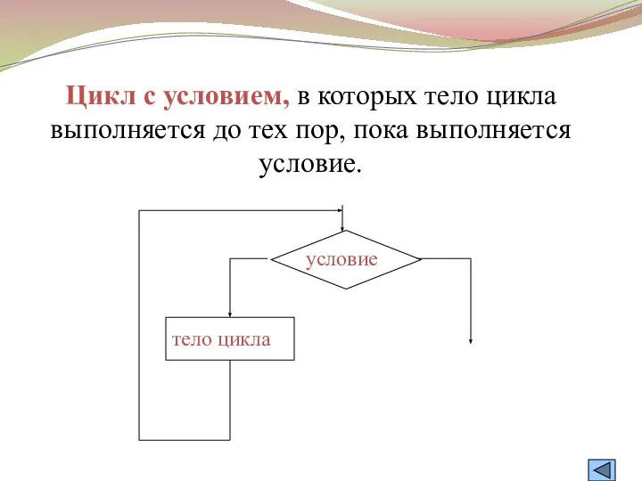 Цикл с условием, в которых тело цикла выполняется до тех пор, пока выполняется условие.