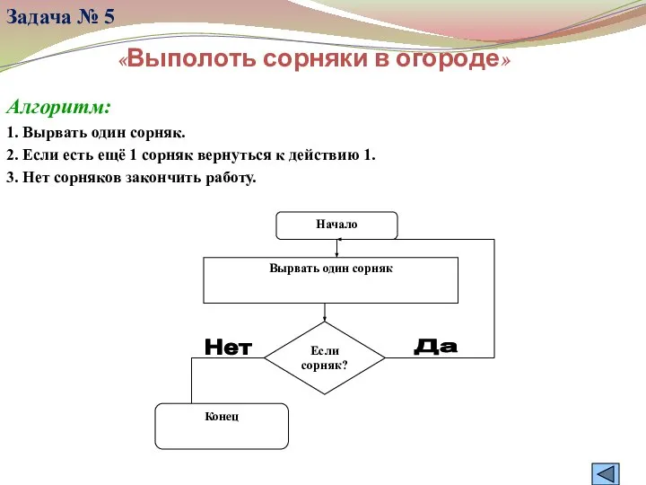 «Выполоть сорняки в огороде» Алгоритм: 1. Вырвать один сорняк. 2. Если