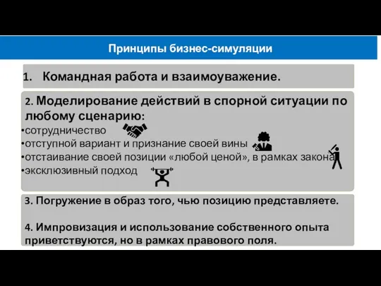 Принципы бизнес-симуляции Командная работа и взаимоуважение. 2. Моделирование действий в спорной