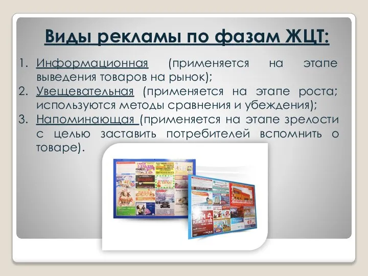 Виды рекламы по фазам ЖЦТ: Информационная (применяется на этапе выведения товаров