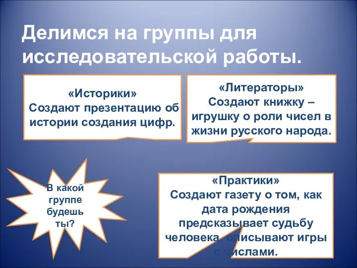 Делимся на группы для исследовательской работы. «Историки» Создают презентацию об истории