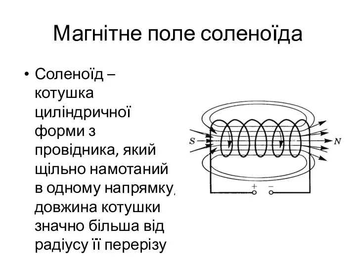 Магнітне поле соленоїда Соленоїд – котушка циліндричної форми з провідника, який