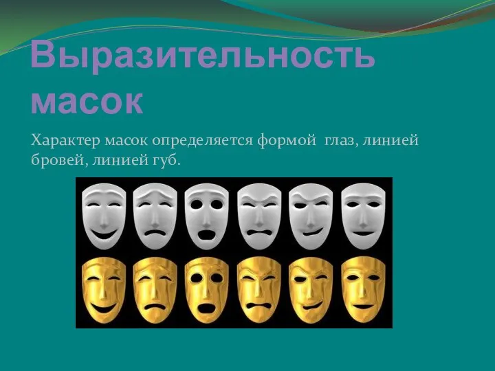 Выразительность масок Характер масок определяется формой глаз, линией бровей, линией губ.