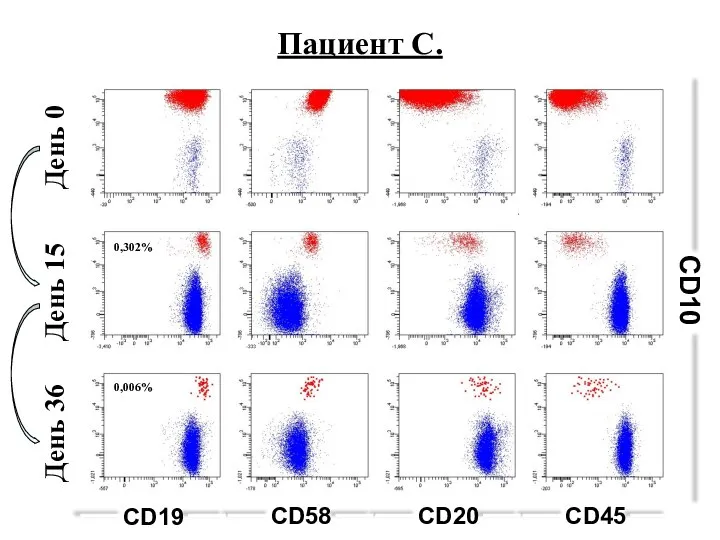 CD10 CD45 CD20 CD58 CD19 День 0 День 15 День 36 Пациент С. 0,302% 0,006%