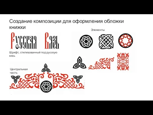 Создание композиции для оформления обложки книжки Шрифт, стилизованный под русскую вязь Элементы орнамента Центральная часть