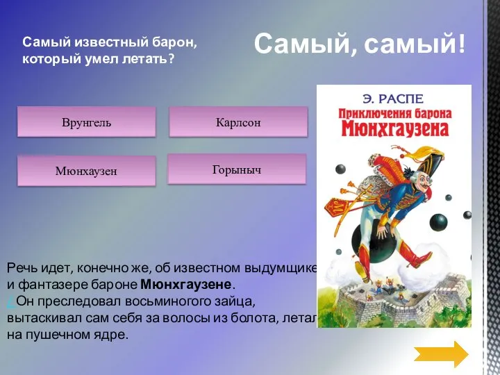 Речь идет, конечно же, об известном выдумщике и фантазере бароне Мюнхгаузене.