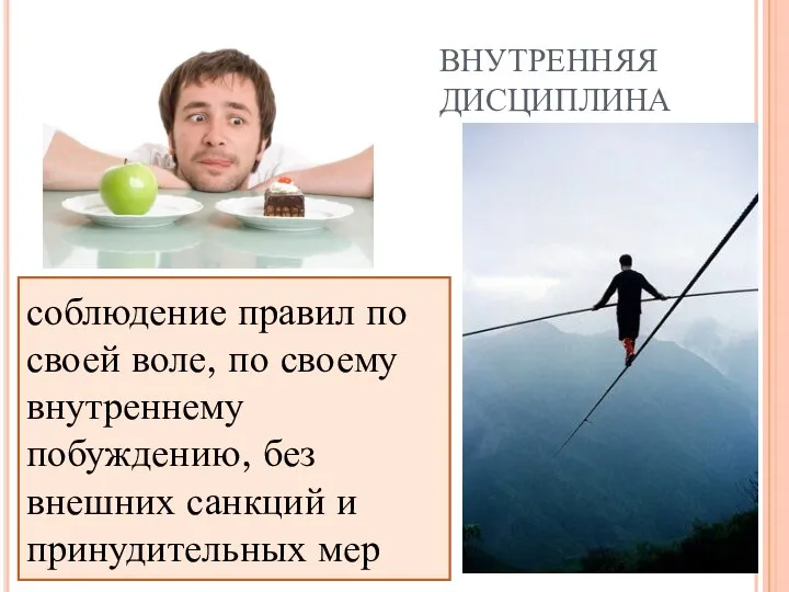 ВНУТРЕННЯЯ ДИСЦИПЛИНА соблюдение правил по своей воле, по своему внутреннему побуждению,