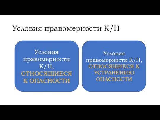 Условия правомерности К/Н Условия правомерности К/Н, ОТНОСЯЩИЕСЯ К ОПАСНОСТИ Условия правомерности К/Н, ОТНОСЯЩИЕСЯ К УСТРАНЕНИЮ ОПАСНОСТИ