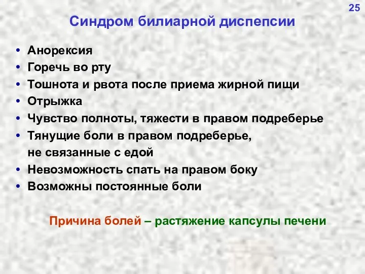 25 Синдром билиарной диспепсии Анорексия Горечь во рту Тошнота и рвота