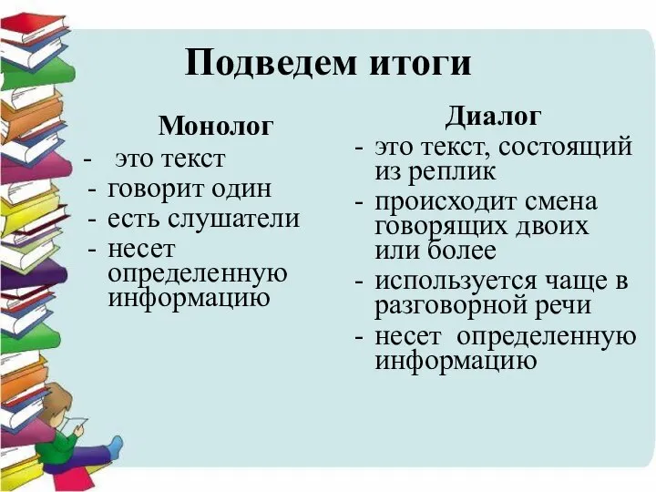 Подведем итоги Монолог - это текст говорит один есть слушатели несет