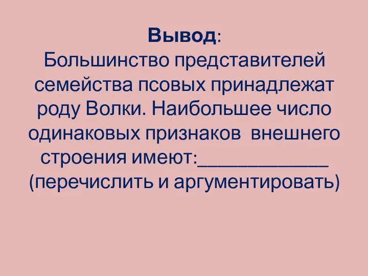 Вывод: Большинство представителей семейства псовых принадлежат роду Волки. Наибольшее число одинаковых