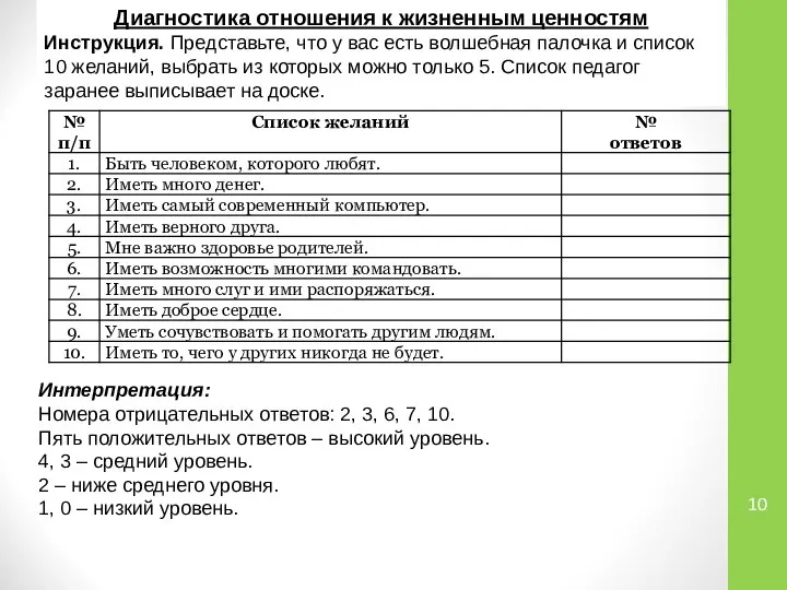 Диагностика отношения к жизненным ценностям Инструкция. Представьте, что у вас есть