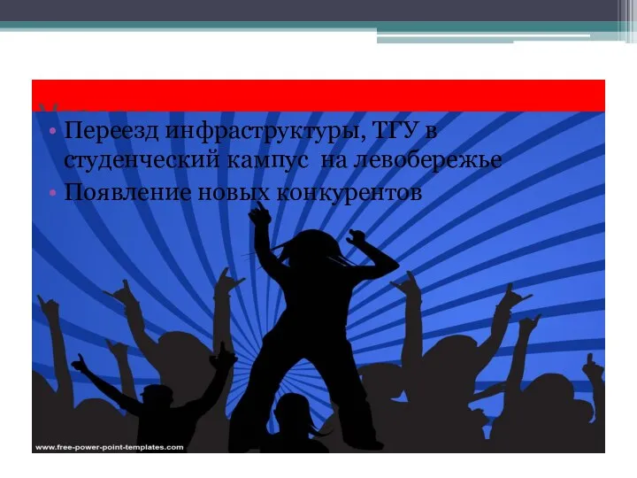 Угрозы Переезд инфраструктуры, ТГУ в студенческий кампус на левобережье Появление новых конкурентов