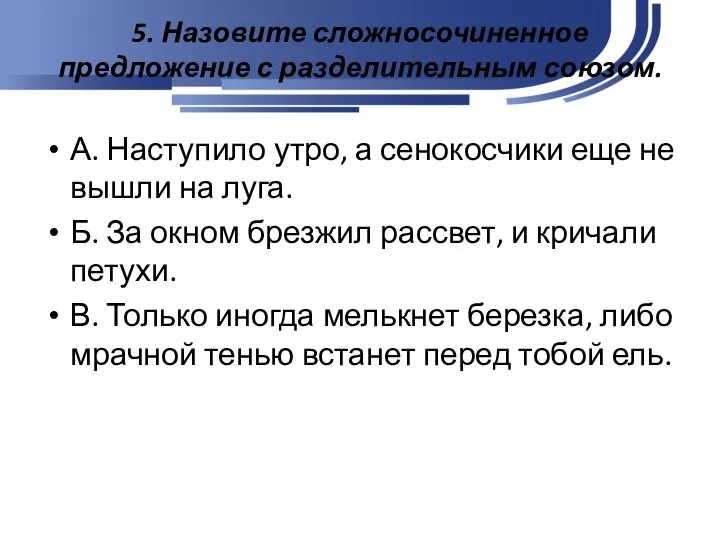 5. Назовите сложносочиненное предложение с разделительным союзом. А. Наступило утро, а