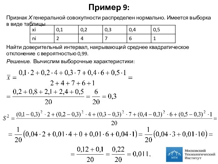 Пример 9: Признак Х генеральной совокупности распределен нормально. Имеется выборка в