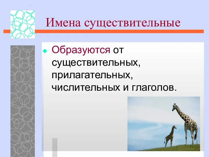 Имена существительные Образуются от существительных, прилагательных, числительных и глаголов.