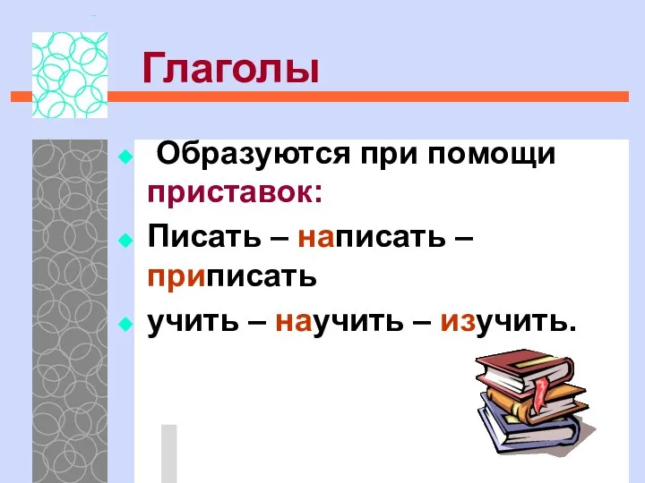 Глаголы Образуются при помощи приставок: Писать – написать – приписать учить – научить – изучить.