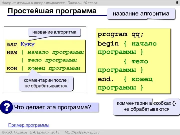 Простейшая программа program qq; begin { начало программы } { тело