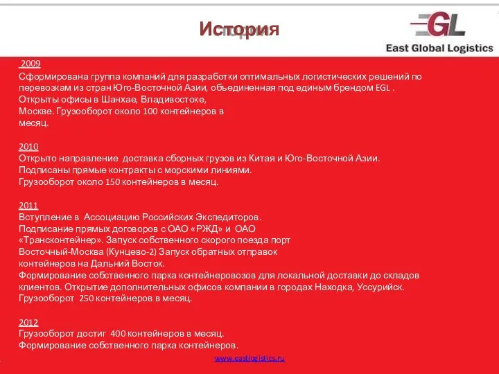 2009 Сформирована группа компаний для разработки оптимальных логистических решений по перевозкам