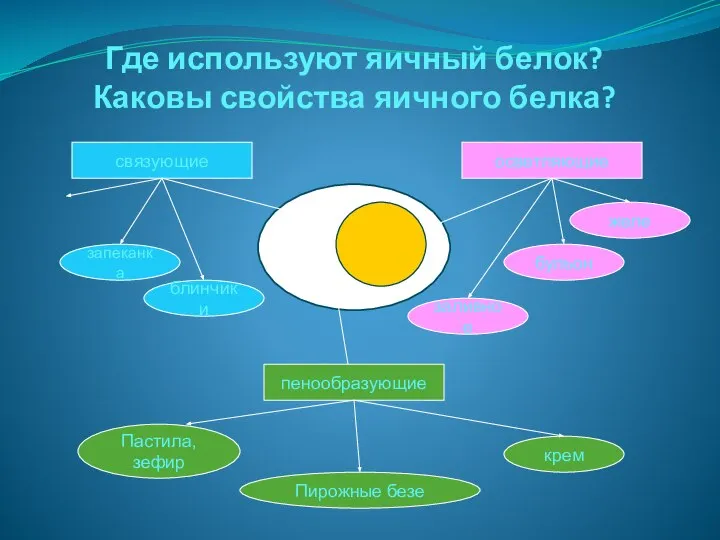 Где используют яичный белок? Каковы свойства яичного белка? связующие пенообразующие осветляющие