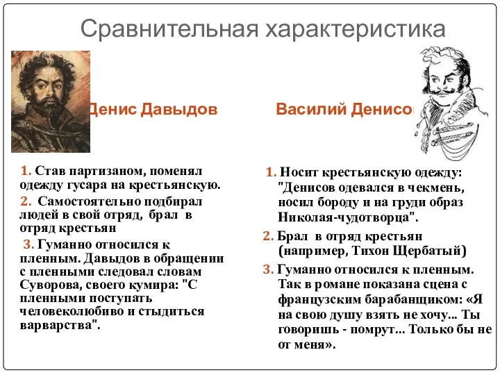 Сравнительная характеристика Денис Давыдов Василий Денисов 1. Став партизаном, поменял одежду