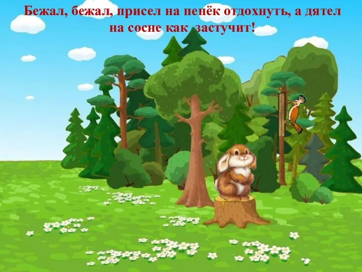 Бежал, бежал, присел на пенёк отдохнуть, а дятел на сосне как застучит!