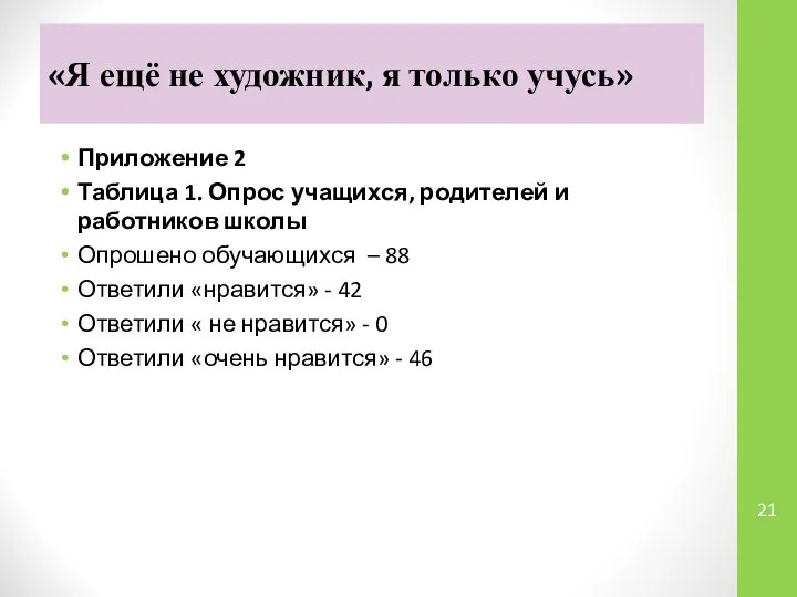 «Я ещё не художник, я только учусь» Приложение 2 Таблица 1.