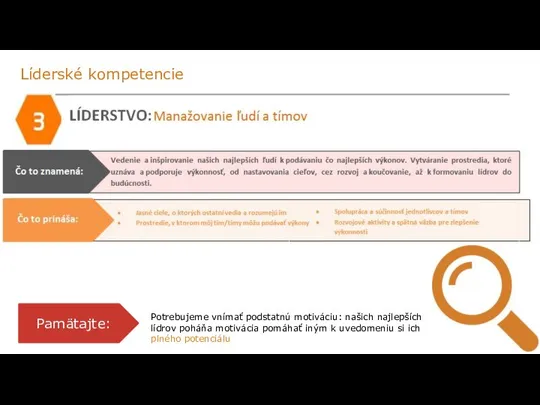 Líderské kompetencie Pamätajte: Potrebujeme vnímať podstatnú motiváciu: našich najlepších lídrov poháňa