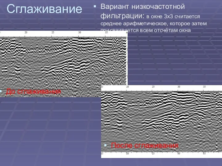 Сглаживание Вариант низкочастотной фильтрации: в окне 3х3 считается среднее арифметическое, которое