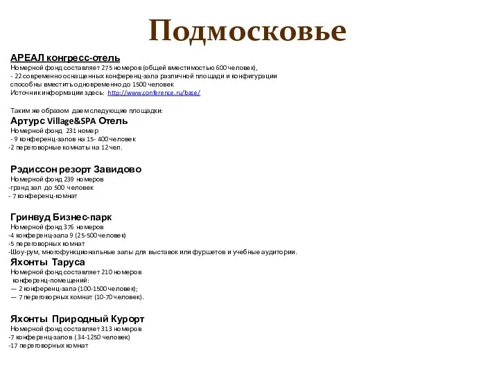 Подмосковье АРЕАЛ конгресс-отель Номерной фонд составляет 275 номеров (общей вместимостью 600