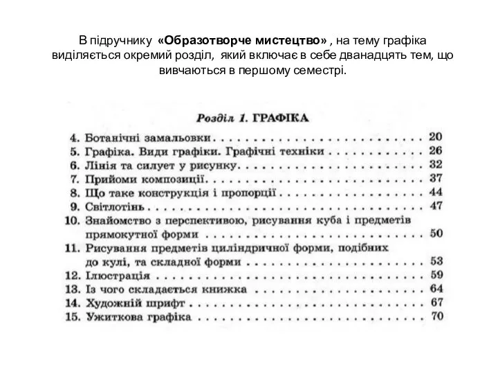 В підручнику «Образотворче мистецтво» , на тему графіка виділяється окремий розділ,