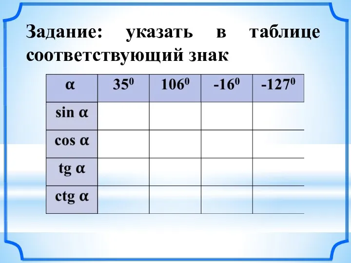 Задание: указать в таблице соответствующий знак