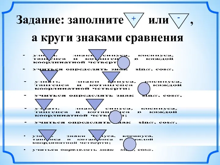 Задание: заполните или , а круги знаками сравнения + -