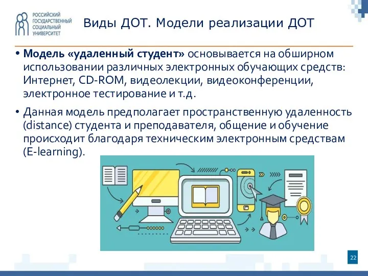 Виды ДОТ. Модели реализации ДОТ Модель «удаленный студент» основывается на обширном