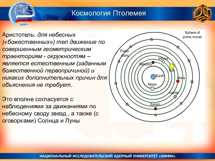 Космология Птолемея Аристотель: для небесных («божественных») тел движение по совершенным геометрическим