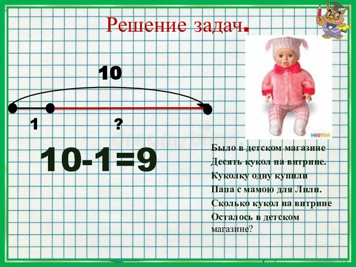 Решение задач. 10 1 ? 10-1=9 Было в детском магазине Десять