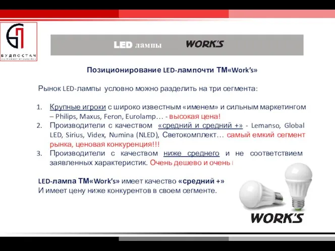 Позиционирование LED-лампочти ТМ«Work’s» Рынок LED-лампы условно можно разделить на три сегмента: