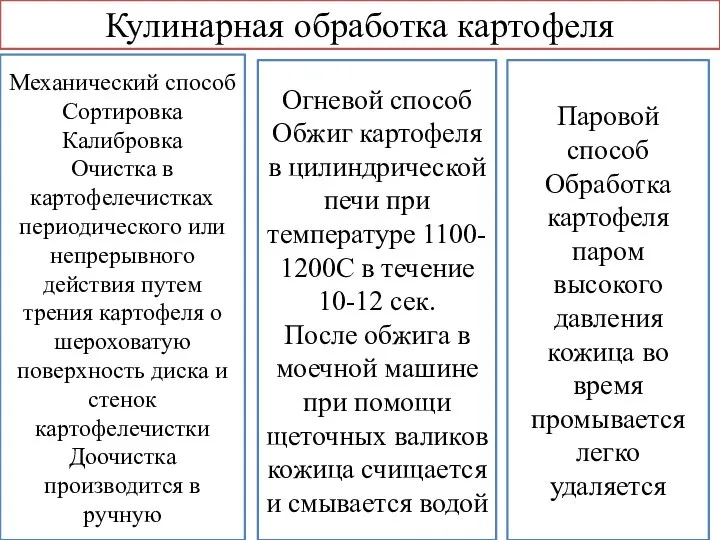 Кулинарная обработка картофеля Механический способ Сортировка Калибровка Очистка в картофелечистках периодического