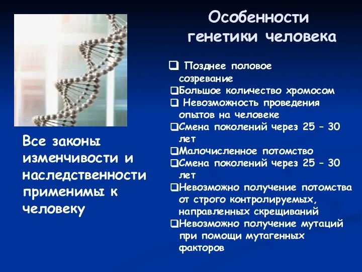 Особенности генетики человека Все законы изменчивости и наследственности применимы к человеку